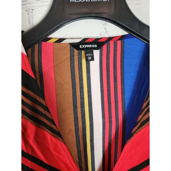 Express Womens Blue Red Striped Long Sleeved Dress Size XS Tie Waist V Neck - Picture 2 of 3